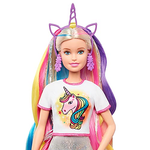 Barbie Pelo Fantasía Muñeca para peinar con accesorios de moda y diademas con mechas de unicornio y sirena (Mattel GHN4)