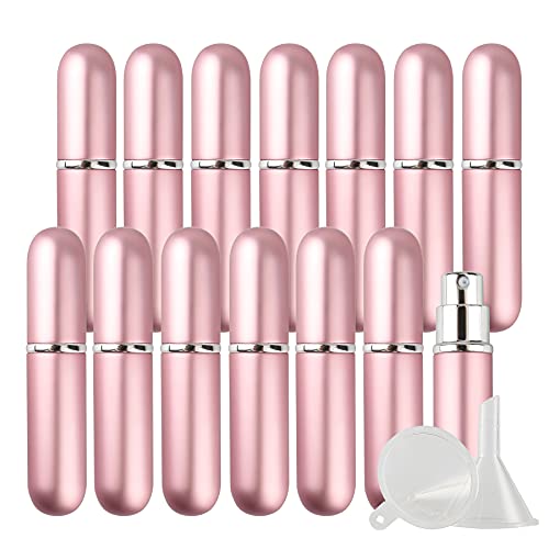 BasicPacking 14 Pieza 5 ml Mini Atomizador de Perfume Recargable, 5ml Rosa Vidrio y Aluminio Dispensador Portatil de Perfume Bote de Spray Viaje Pulverizador + 4 x Embudo