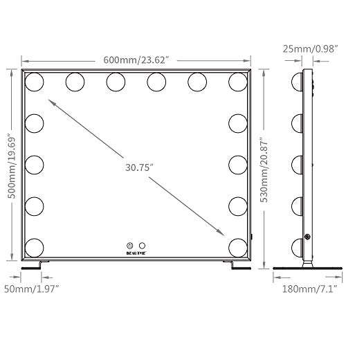 BEAUTME Espejo de maquillaje Hollywood con luces LED, control táctil grande espejo cosmético con bombillas LED de atenuación, marco de aluminio o espejo de tocador montado en la pared (negro)