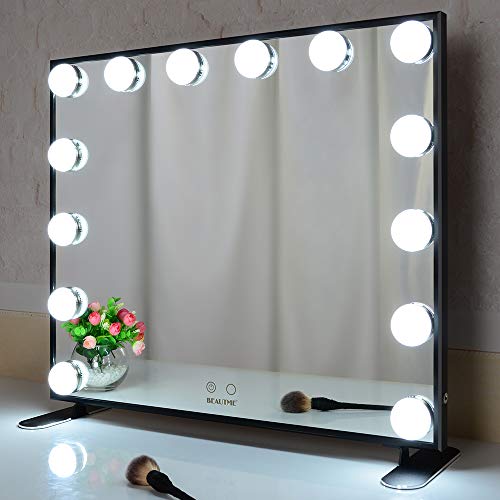 BEAUTME Espejo de maquillaje Hollywood con luces LED, control táctil grande espejo cosmético con bombillas LED de atenuación, marco de aluminio o espejo de tocador montado en la pared (negro)