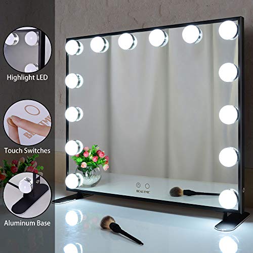 BEAUTME Espejo de maquillaje Hollywood con luces LED, control táctil grande espejo cosmético con bombillas LED de atenuación, marco de aluminio o espejo de tocador montado en la pared (negro)