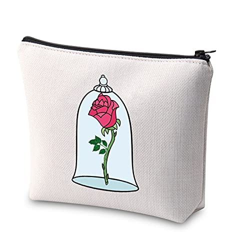 Beauty and The Beast - Bolsa de maquillaje con diseño de flores de rosa con cremallera romántica, para el día de la madre, San Valentín, Navidad, regalo de cumpleaños para ella, beige, Bolsa de aseo