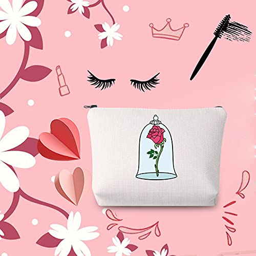 Beauty and The Beast - Bolsa de maquillaje con diseño de flores de rosa con cremallera romántica, para el día de la madre, San Valentín, Navidad, regalo de cumpleaños para ella, beige, Bolsa de aseo