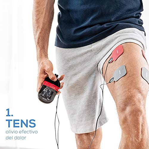 Beurer EM 59 Electroestimulador digital con función calor, tens, ems y masaje, 2 canales, función calor, 4 electrodos, con pads de gel, intensidad regulable, temporizador, color negro rojo