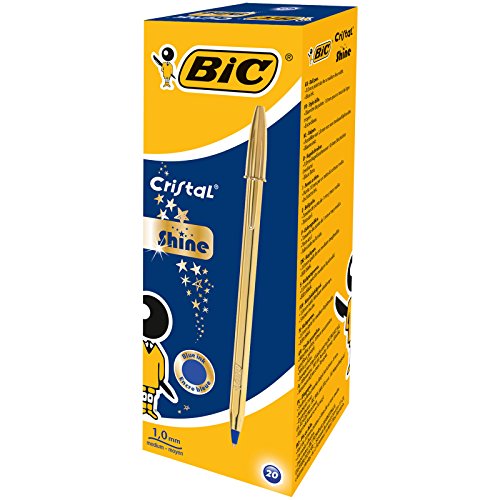 BIC Cristal Shine Bolígrafos Punta Media (1,0 mm) - Tinta Azul y Cuerpo Dorado, Caja de 20 Unidades, ideal para uso diario