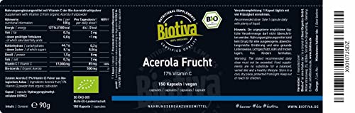 Biotiva Vitamina C de acerola orgánica - 150 cápsulas - vegetal, natural, altamente dosificado - vegano - embotellado en Alemania (DE-ÖKO-005)