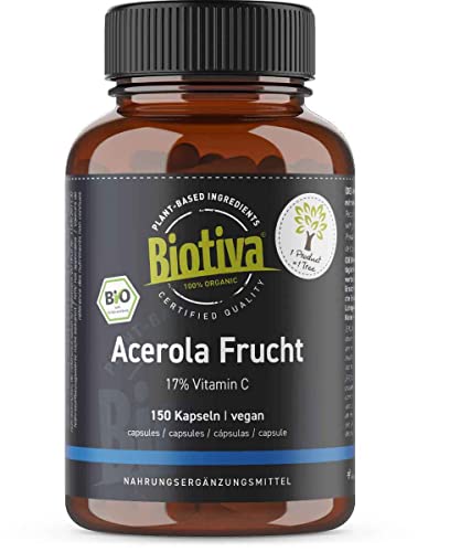 Biotiva Vitamina C de acerola orgánica - 150 cápsulas - vegetal, natural, altamente dosificado - vegano - embotellado en Alemania (DE-ÖKO-005)