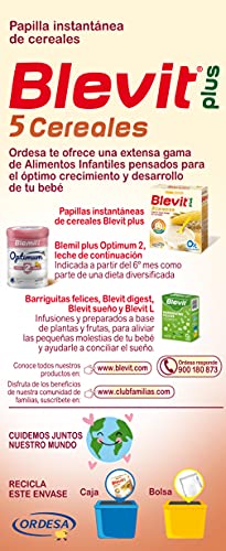 Blevit Plus 5 Cereales - Papilla de Cereales para Bebé con Harina de Avena y Harina de Trigo - Sin Azúcares añadidos - Ayuda a regular el tránsito intestinal - Desde los 5 meses - 600g