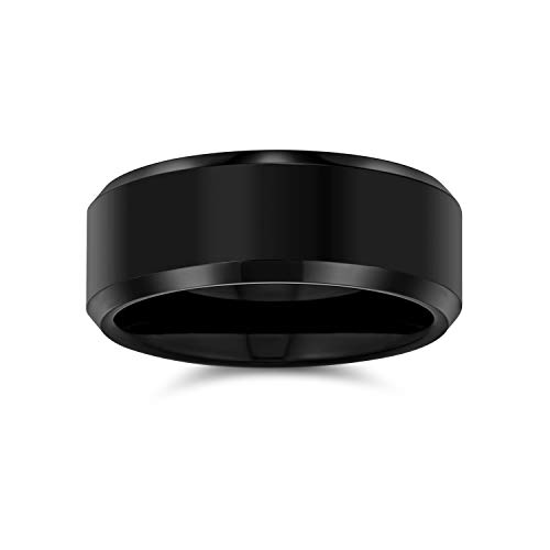 Bling Jewelry Simple Borde Biselado Negro Parejas Titanio Anillo de Alianza de Boda para Hombres para Mujeres Comfort Fit 8MM