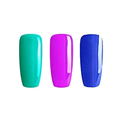 BLUESKY Juego de esmaltes de uñas de gel, arcoíris Unicornio. Percipitation Dc112, Purple Pleasure Neon28, sombra de ojos azul 80639, 3 x 5 ml, verde, turquesa (requiere secado bajo lámpara UV/LED)