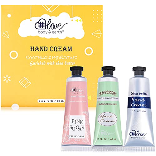 BODY & EARTH # LOVE Crema para Manos 3 Pieza Juego de Regalo Set Crema de Manos para Mujeres de Manteca de Karité para Manos Secas, Juego de Loción de Manos Tamaño de Viaje para Navidad