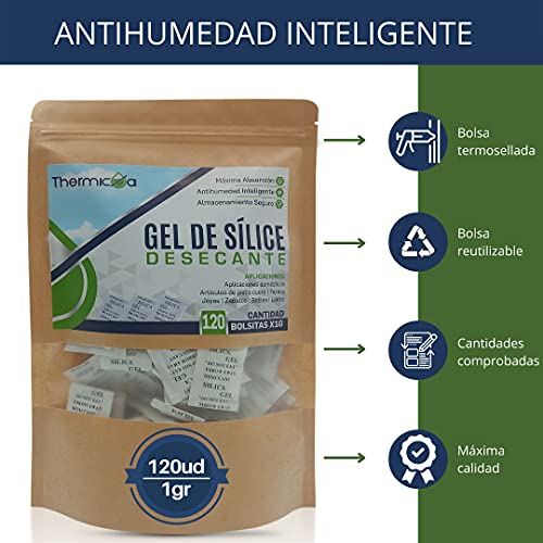 Bolsas de Gel de Sílice Antihumedad - 120uds x 1gr de Sílica Gel Desecante - Antihumedad Multiusos de Armarios y Cajones - Absorción de la Humedad en Bolsitas de Gel de Sílice Puro Thermikoa