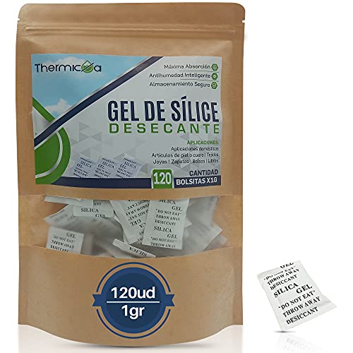 Bolsas de Gel de Sílice Antihumedad - 120uds x 1gr de Sílica Gel Desecante - Antihumedad Multiusos de Armarios y Cajones - Absorción de la Humedad en Bolsitas de Gel de Sílice Puro Thermikoa