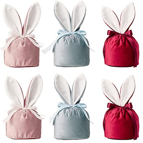 Bonitos saquitos de regalo con diseño de conejo en imitación de terciopelo con orejas de conejo, accesorios para el embalaje, decoración día de San Valentín, 6 unidades para dulces, cosméticos, joyas