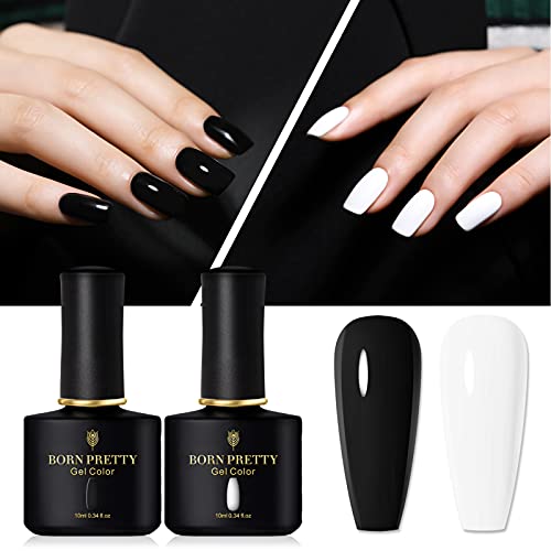 BORN PRETTY Esmalte Semipermanente de Uñas, Esmalte Semipermanente UV Led 2 botellas de esmalte de uñas UV de color blanco negro, color sólido, empapa de esmalte de uñas en gel