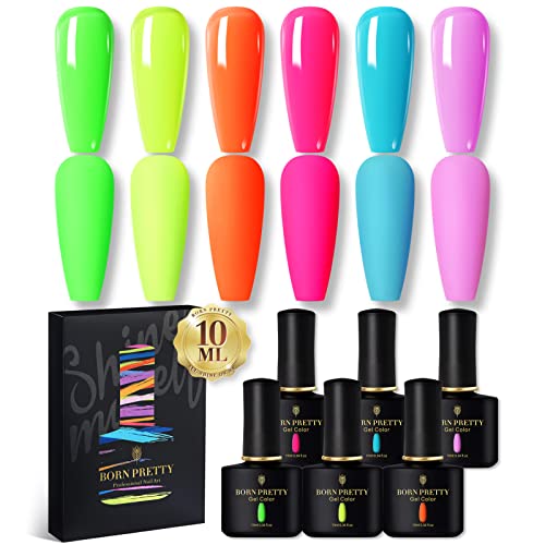 BORN PRETTY Esmalte semipermanente neon color fluorescente 6 colores 10ml, Esmalte de uñas de gel Amarillo Verde Azul Conjunto de LED UV Soak Off Gel