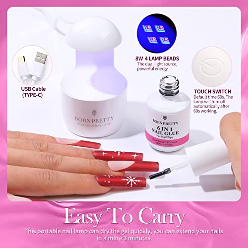 BORN PRETTY Kit de puntas de uñas y gel de pegamento con lámpara UV, 236 piezas 5 puntas de uñas diferentes, 15 ml de pegamento de uñas 6 en 1 mejorado, puntas de gel de uñas con pegamento para nail