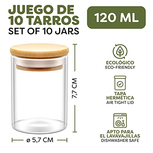 Botes para Especias - 10 Tarros de Cristal con 10 Etiquetas - 120ml - Hermético - Apto para Lavavajillas