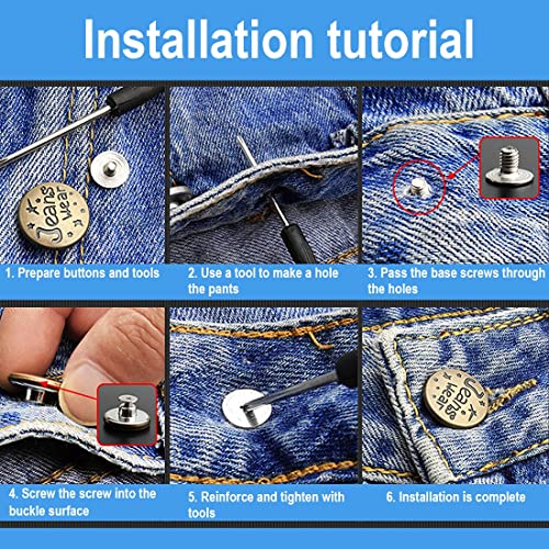 Botones Metalicos, Juego de Botones para Pantalones Vaqueros, 8 Elementos de Jeans Sin Costuras con Botones de Repuesto, Botones de Jeans Desmontables, Botones de 17mm, Tamaño de Jeans Ajustable