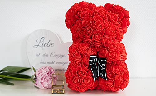 Brandsseller Oso de rosa de aprox. 25 cm de alto, decoración de rosas, regalo para mujeres/hombres, romántico, cumpleaños, aniversario, aniversario de boda y muchos más... rojo