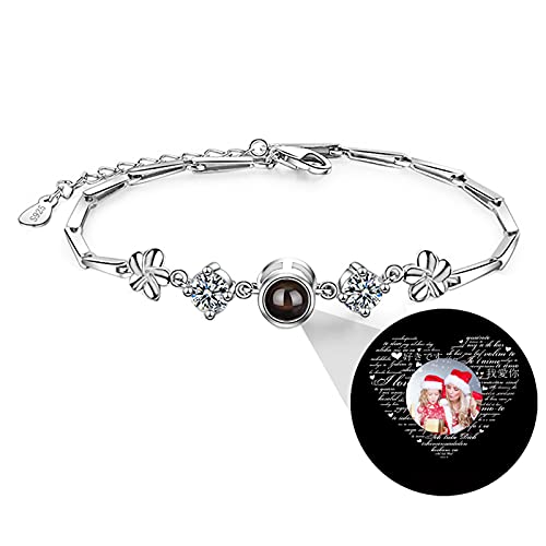 Brazalete de foto personalizado Pulsera de proyección I LOVE YOU Pulsera 100 Idiomas Brazalete Aniversario para mujeres(Plata a todo color)