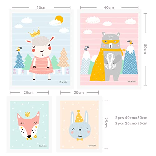 Brunoko Póster Set de 4 para habitación de niños - Juego de 4 imágenes para niños y niñas - Cuadros de pared para habitación de bebé