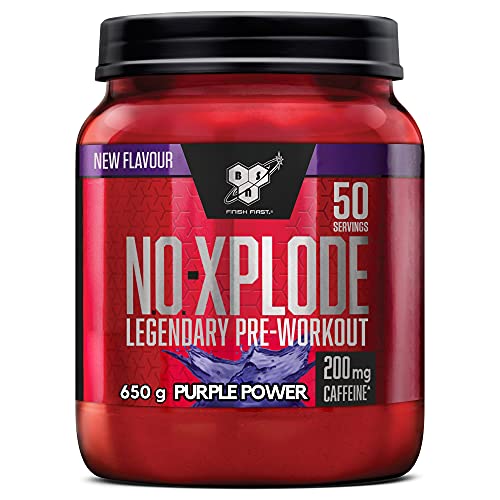 BSN N.O.-Xplode Pre-workout Powder, Suplemento Deportivo con Cafeína, Aminoácidos, Vitamina C y Zinc, Purple Power, 50 Porciones, 650 g, Embalaje Puede Variar