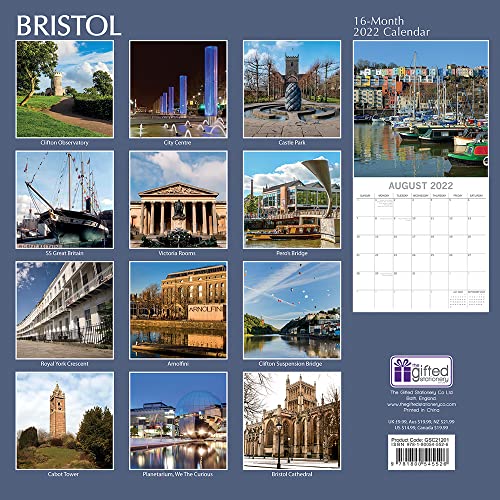 Calendario de pared 2022, Bristol, 30,4 x 30,4 cm, vista mensual, 16 meses, temática escénica británica, incluye 180 pegatinas recordatorias