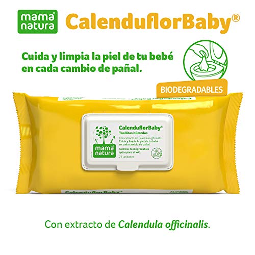 CalenduflorBaby Toallitas húmedas Bebé Mama Natura, Biodegradables con Extracto Calendula officinalis. 10 packs x 72 uds (720 unidades) - Aptas para el WC