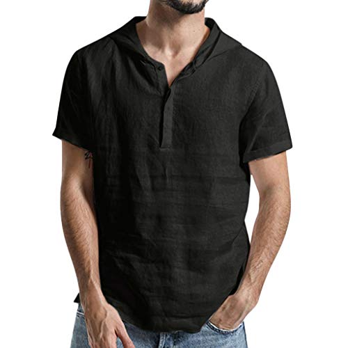 Camisetas con Capucha Rebajas Yvelands Verano de Hombre Baggy Algodón de Lino SOID Color Tops de Manga Corta Camisa de Trabajo(Negro,L)