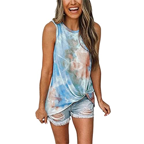 Camisola Mujer Elegante Cómodo Verano Cuello Redondo Mujer Tops Chic Tie Dye Dobladillo Irregular Sin Mangas Diseño Diario Casual Deporte Transpirable All-Match Mujer T-Shirts E-Light Blue 4XL