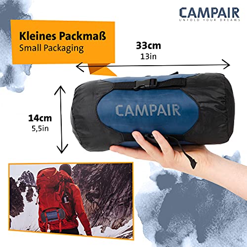 CampAir Saco de Dormir Ultra Ligero con Bolsa de Compresión, 220 x 75 x 75 cm, 210T Diamond-Ripstop (Azul)