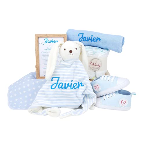 Canastilla Personalizada para Recien Nacido - Sneakers de Mababy - Dou dou Conejito y Muselina de lactancia personalizados y Par de Zapatillas de lona de Mababy - Regalos Bebé. (azul, 0-3 meses)