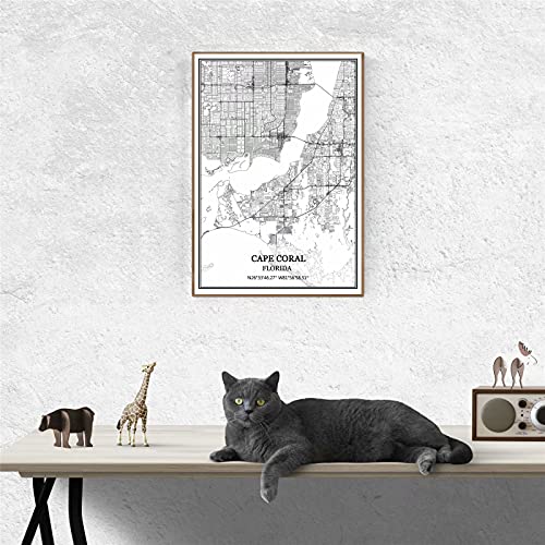 Cape Coral Florida Estados Unidos Mapa de pared arte lienzo impresión cartel obra de arte sin marco moderno mapa en blanco y negro recuerdo regalo decoración del hogar