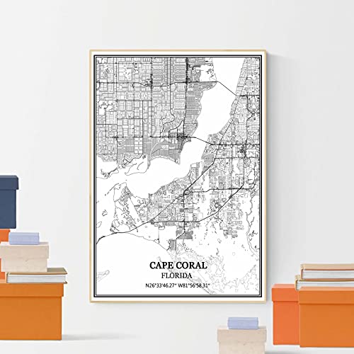 Cape Coral Florida Estados Unidos Mapa de pared arte lienzo impresión cartel obra de arte sin marco moderno mapa en blanco y negro recuerdo regalo decoración del hogar