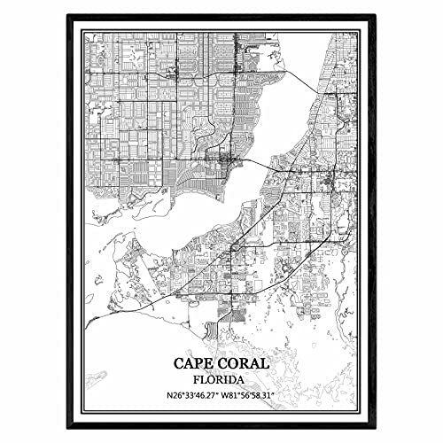 Cape Coral Florida Estados Unidos Mapa de pared arte lienzo impresión cartel obra de arte sin marco moderno mapa en blanco y negro recuerdo regalo decoración del hogar