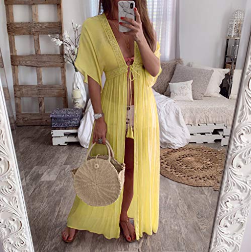 Cardigans Mujer Largo 2019 Nuevo SHOBDW Pareos Casual Cover Up Bikini Playa de Verano Sexy Kaftan Vendaje Color Sólido Camisa de Protección Solar Vestido Largo Mujer(Amarillo,XL)