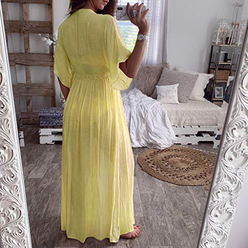 Cardigans Mujer Largo 2019 Nuevo SHOBDW Pareos Casual Cover Up Bikini Playa de Verano Sexy Kaftan Vendaje Color Sólido Camisa de Protección Solar Vestido Largo Mujer(Amarillo,XL)