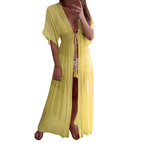 Cardigans Mujer Largo 2019 Nuevo SHOBDW Pareos Casual Cover Up Bikini Playa de Verano Sexy Kaftan Vendaje Color Sólido Camisa de Protección Solar Vestido Largo Mujer(Amarillo,XL)