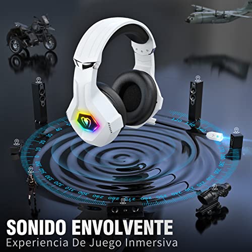 Cascos Gaming con Micrófono Suave, Luz RGB, Sonido Envolvente Claro, Orejeras Ligero Cómodo Ajustable, Auriculares Gaming Blanco para PS5 PS4 PC Xbox One/X/S Switch Tableta Laptop