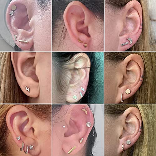 CASSIECA 12 Pares de Aretes de Acero Inoxidable para Mujeres Hombres Estrella Luna Celestial Rayo Barra Disco CZ Aretes Pendientes de Aro Pendientes de Puño Lindo Conjunto de Aretes Geométricos