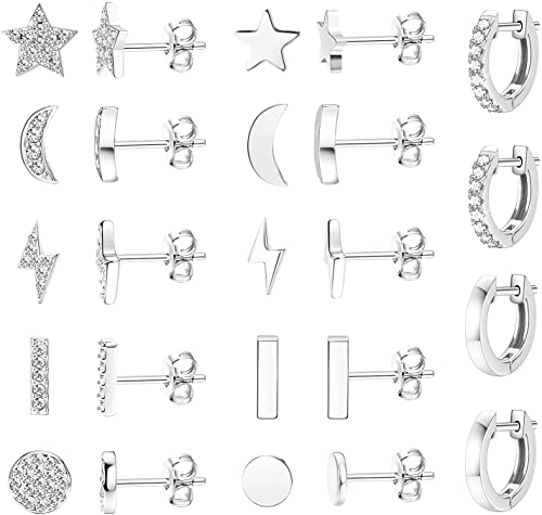 CASSIECA 12 Pares de Aretes de Acero Inoxidable para Mujeres Hombres Estrella Luna Celestial Rayo Barra Disco CZ Aretes Pendientes de Aro Pendientes de Puño Lindo Conjunto de Aretes Geométricos