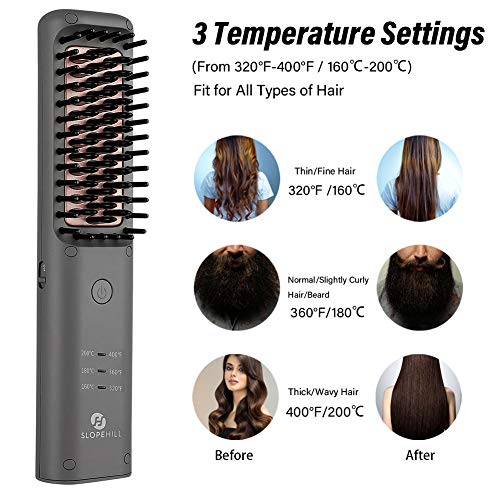 Cepillo Alisador de Pelo Inalámbrico, slopehill Peine de Calentamiento MCH Recargable Para Hombre Mujer, Alisador de Barba Eléctrico, Cerámica Anti-quemaduras, Temperatura Ajustable para Viaje Cita