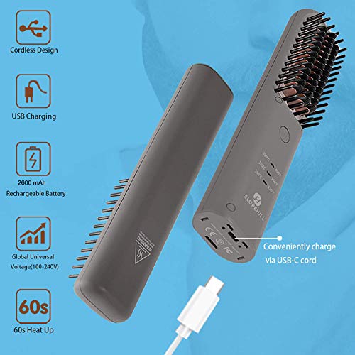 Cepillo Alisador de Pelo Inalámbrico, slopehill Peine de Calentamiento MCH Recargable Para Hombre Mujer, Alisador de Barba Eléctrico, Cerámica Anti-quemaduras, Temperatura Ajustable para Viaje Cita