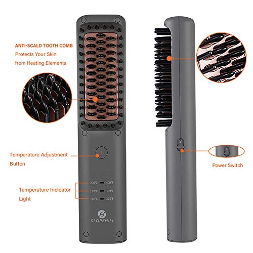 Cepillo Alisador de Pelo Inalámbrico, slopehill Peine de Calentamiento MCH Recargable Para Hombre Mujer, Alisador de Barba Eléctrico, Cerámica Anti-quemaduras, Temperatura Ajustable para Viaje Cita