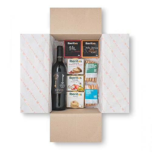 Cesta Gourmet Regalo - Lote Gourmet Enrique Rech - Vino Tinto Reyes, Pack de 2 Patés Ibericos, Pack 2 Cremas, Humus de Garbanzo y Rizaditos de Pan Guapo - Caja Regalo para Picoteo