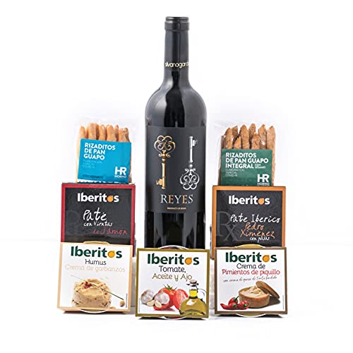 Cesta Gourmet Regalo - Lote Gourmet Enrique Rech - Vino Tinto Reyes, Pack de 2 Patés Ibericos, Pack 2 Cremas, Humus de Garbanzo y Rizaditos de Pan Guapo - Caja Regalo para Picoteo