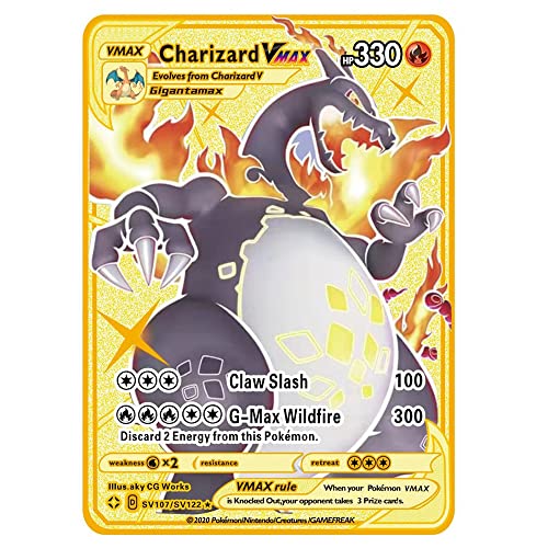 Charizard Gold Vmax DX GX tarjeta de metal chapado en oro chapado en oro serie Diablo, tarjeta súper rara, el mejor regalo para coleccionistas y niños (3 piezas)