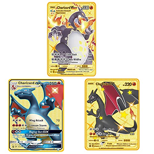 Charizard Gold Vmax DX GX tarjeta de metal chapado en oro chapado en oro serie Diablo, tarjeta súper rara, el mejor regalo para coleccionistas y niños (3 piezas)