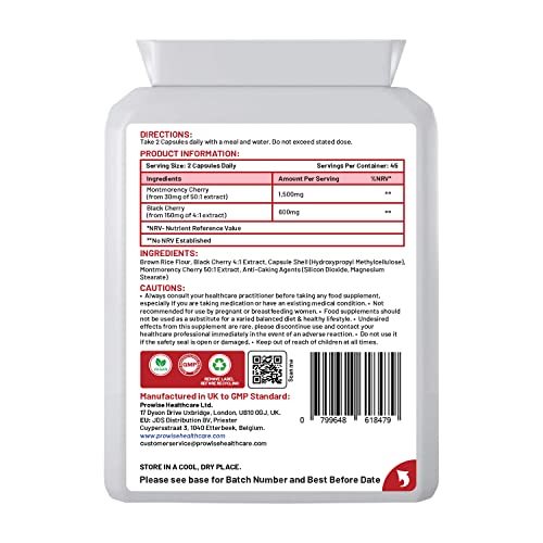 Cherry Max + 2100 mg de cereza Montmorency agregada con cereza negra I 90 cápsulas veganas de alta resistencia que fabrica en el Reino Unido por Prowise Healthcare